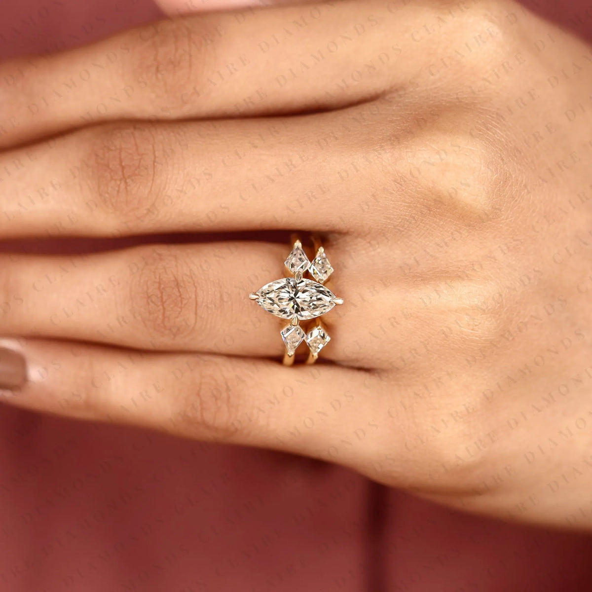 marquise cut lab grown diamond engagement ring bridal set with kite cut three stone ring modern unique bridal jewelry