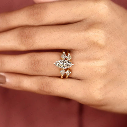 Marquise Cut Lab Grown Diamond Engagement Ring Bridal Set with Kite Cut Three Stone Ring Modern Unique Bridal Jewelry