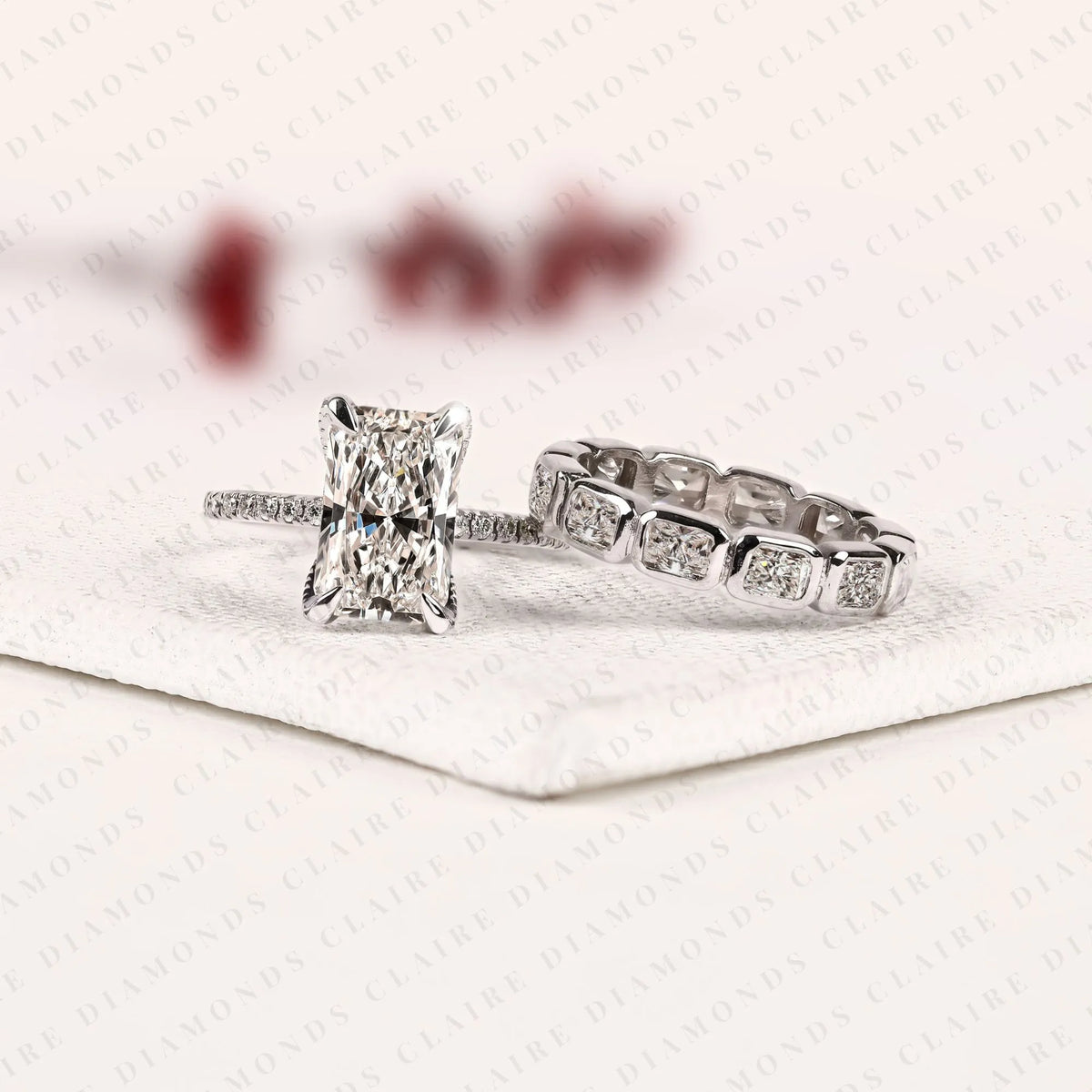 radiant cut lab grown diamond engagement ring double band bridal set with pave diamond accents modern luxury white gold wedding ring