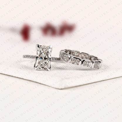 Radiant Cut Lab Grown Diamond Engagement Ring Double Band Bridal Set with Pave Diamond Accents Modern Luxury White Gold Wedding Ring
