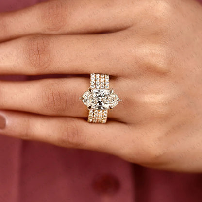 Oval Cut Lab Grown Diamond Hidden Halo Ring Multi Row Pave Gold Band Luxury Bridal Set Wedding Ring for Women