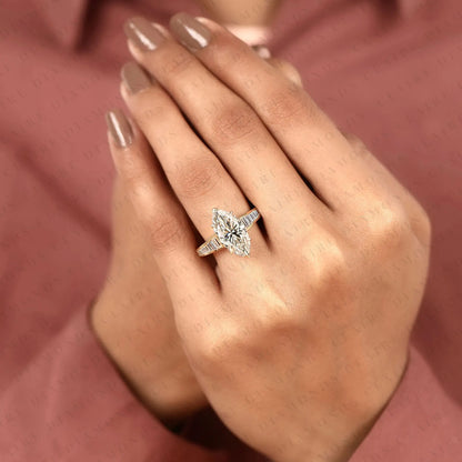 Designer Marquise Lab Grown Diamond Engagement Ring with Channel Set Baguette Diamonds
