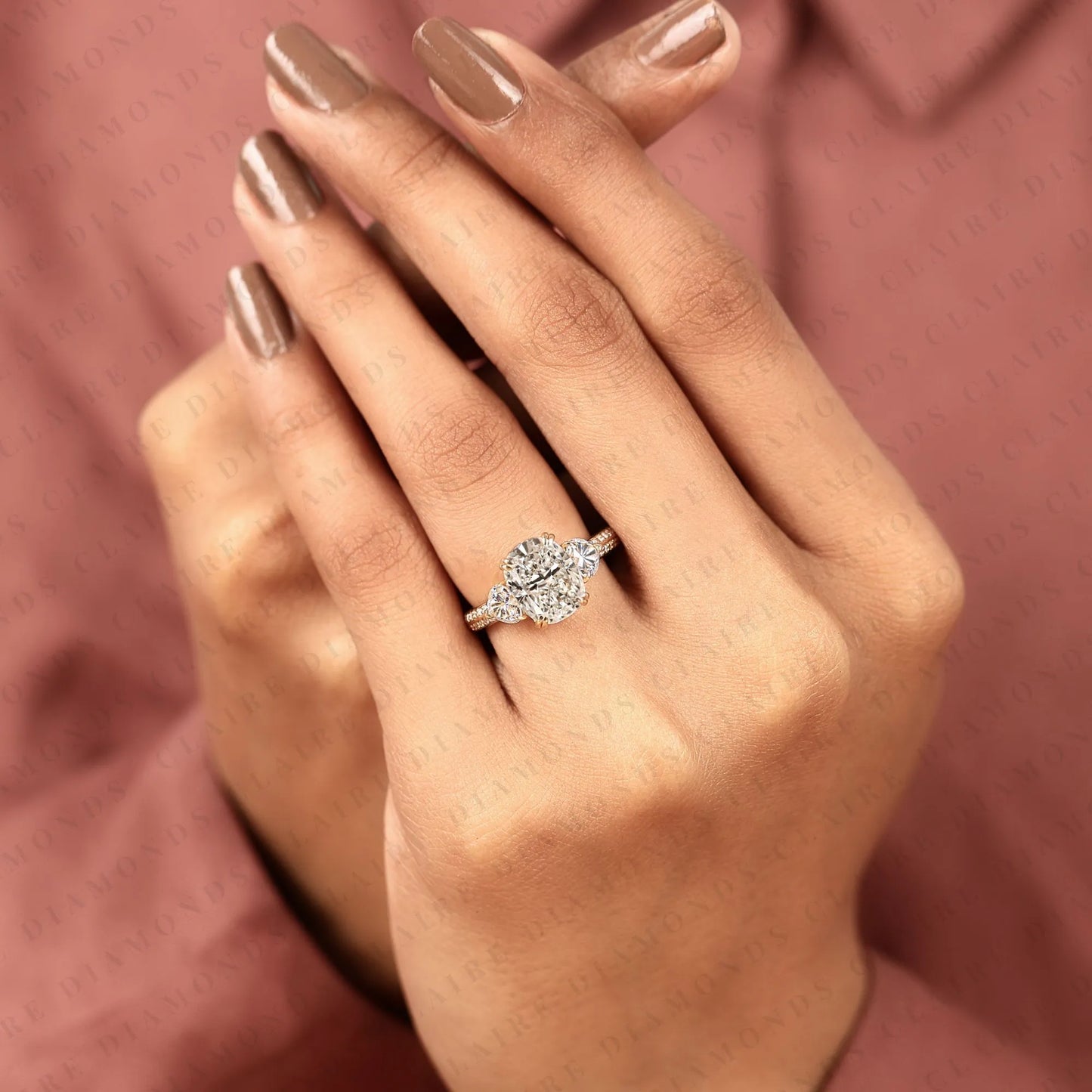 cushion cut three stone moissanite diamond engagement ring trillion side stone diamond ring split shank pave ring