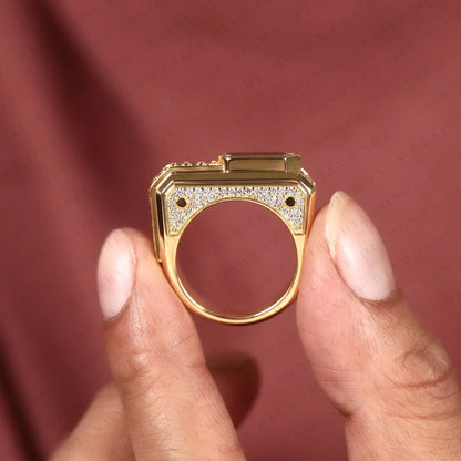 Luxury Baguette Cut Moissanite Diamond Engagement Ring in Gold With Round Accent Side Diamonds For Men.