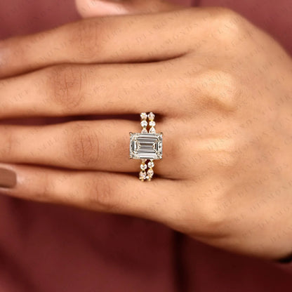 Emerald Cut Lab Grown Diamond Engagement Ring Bridal Set Ring with Pavé Diamond Band Modern Unique Bridal Jewelry