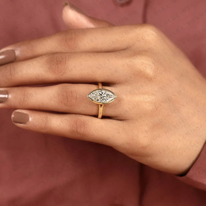 Marquise Lab Grown Diamond Bezel Set Solitaire Ring Gold Engagement Ring for Women