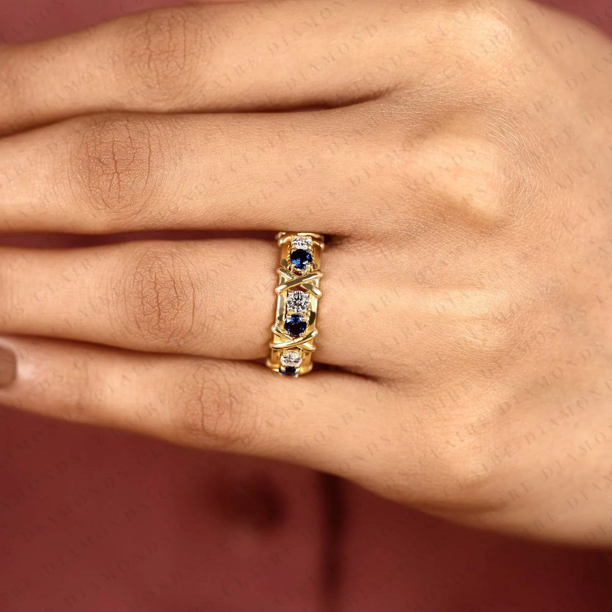 2.10 tcw round lab grown diamond band with blue sapphire accents unique gold eternity wedding ring vintage inspired stackable band for women