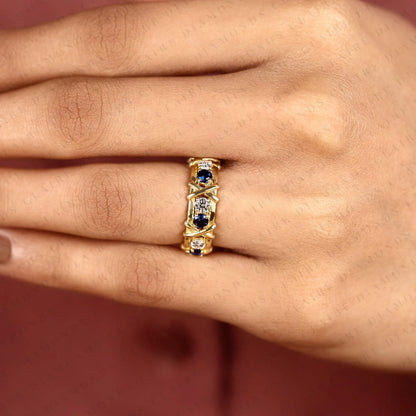 2.10 TCW Round Lab Grown Diamond Band with Blue Sapphire Accents Unique Gold Eternity Wedding Ring Vintage Inspired Stackable Band for Women