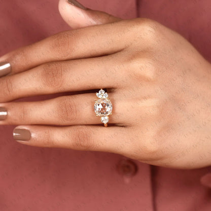 Round Rose Cut Lab Grown Diamond Ring, Unique Engagement Ring With Round & Marquise Side Stones, Floral Cluster Gold Ring