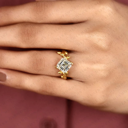 Asscher Cut Lab Grown Diamond Ring Vintage Floral Leaf Gold Engagement Ring Art Deco Inspired Geometric Diamond Ring for Women
