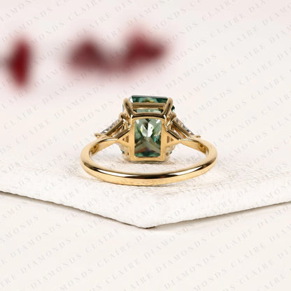 Radiant Cut Green Lab Grown Diamond Engagement Ring  Three Stone Ring with Trillion Diamond Accents Luxury Bridal Jewelry