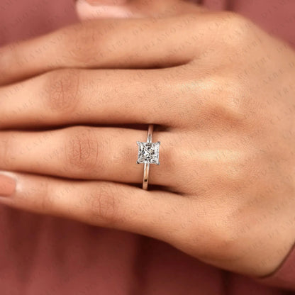 Princess Cut Lab Grown Diamond Solitaire Engagement Ring, Classic Four Prong White Gold Ring, Minimalist Proposal Ring