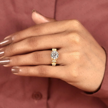 Round Cut Lab Grown Diamond Vintage Ring Handmade Floral Engagement Ring in Solid Gold For Her