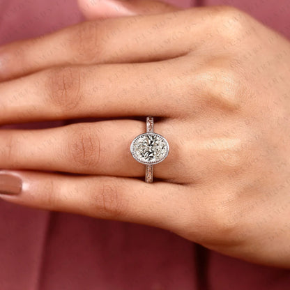 Oval Cut Lab Grown Diamond Engagement Ring Vintage Milgrain Bezel Setting White Gold Engraved Band Elegant Solitaire Bridal Jewelry