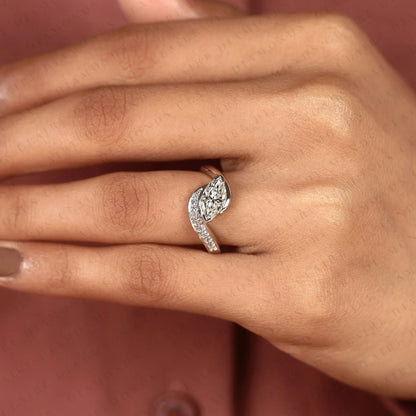 Marquise Cut Lab Grown Diamond East West Bypass Engagement Ring in Gold With Round Side Stones , Modern Bridal Jewelry.
