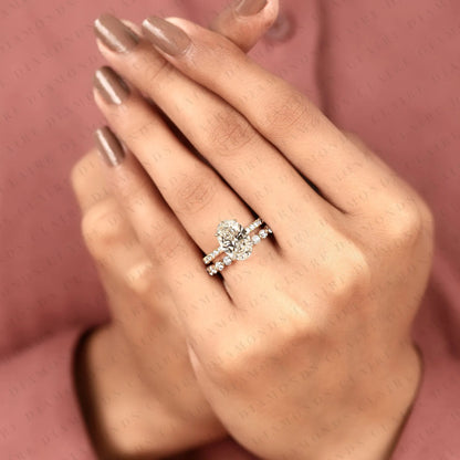 Oval Cut Moissanite Diamond Engagement Ring Hidden Halo with Matching Diamond Band Ring For Her