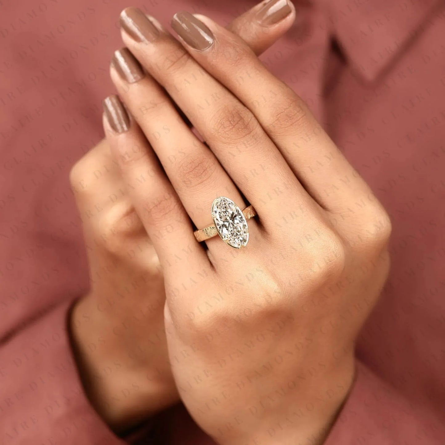 vintage long oval cut lab grown diamond engagement ring engraved  solitaire ring     milgrain bezel bridal ring antique inspired wedding ring