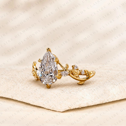 Pear Cut Moissanite Diamond Engagement Ring Nature Inspired Gold Vine Ring Floral Vintage Wedding Ring Luxury Bridal Jewelry