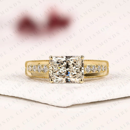 East-West Radiant Cut Lab Grown Diamond Engagement Ring Pavé Band Modern Horizontal Setting Elegant Bridal Jewelry