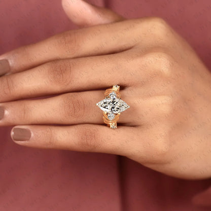 Marquise Cut Lab Grown Diamond Engagement Ring With Round Side Stone Diamonds, Vintage Rings Art Deco Vintage Gold Ring Nature Inspired Promise Ring Anniversary Gift for Her.