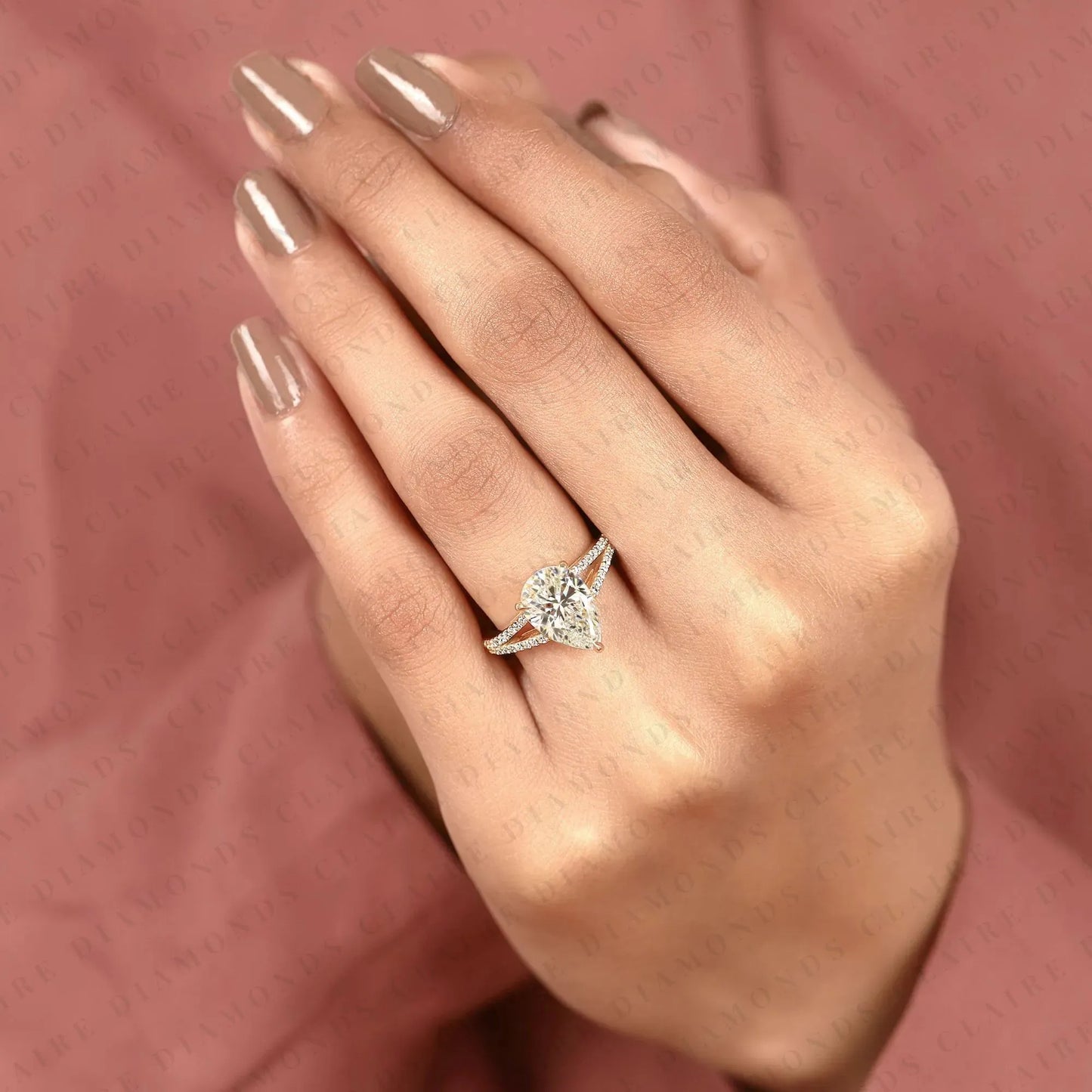 pear cut lab grown diamond engagement ring split shank pave diamond ring bridal ring