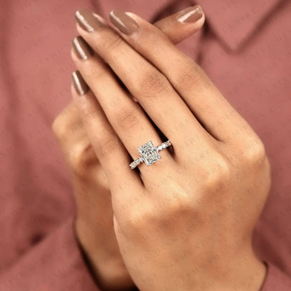 Radiant Cut Moissanite Diamond Engagement Ring with Round and Baguette Side Stone Accents