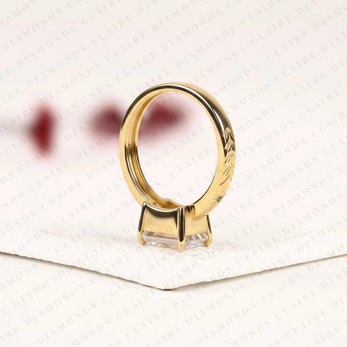 emerald cut lab grown diamond engagement ring yellow gold floral band vintage inspired nature ring with green accent details