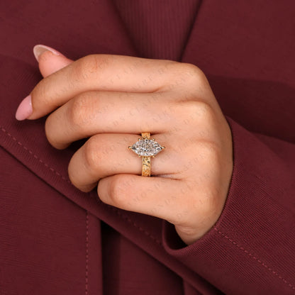 Dutch Marquise Cut Moissanite Diamond Engagement Solitaire Ring Vintage Engraved Gold Band Filigree Wedding Ring Luxury Bridal Jewelry