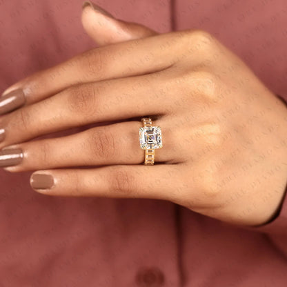 Asscher Cut Lab Diamond Engagement Ring with Baguette Accent Band In Gold.