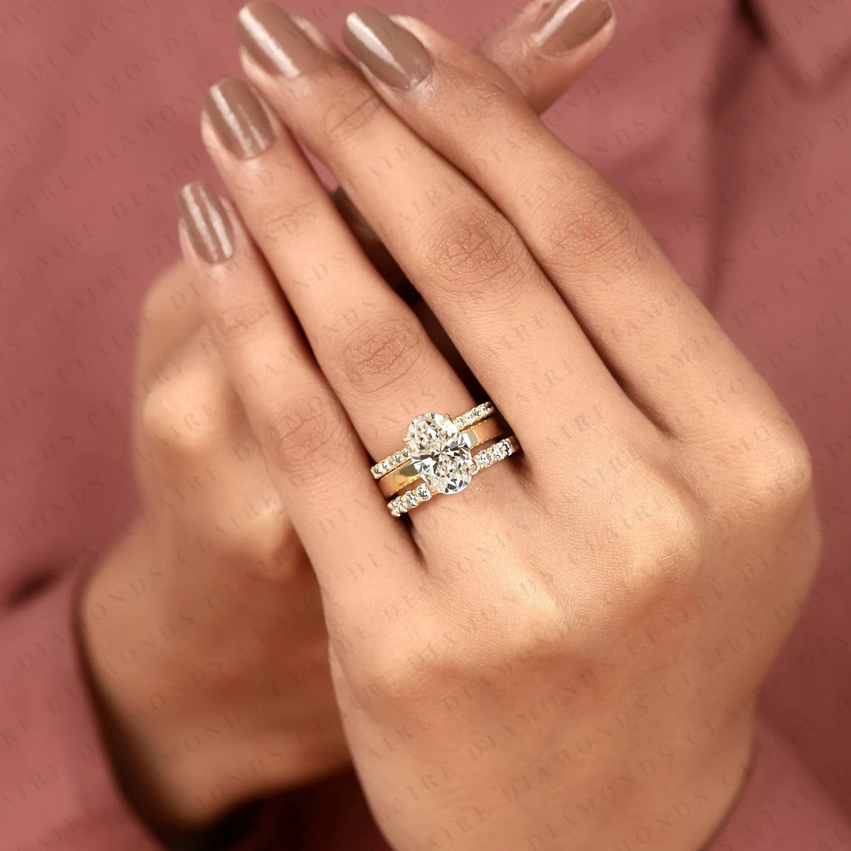 oval cut lab grown diamond bridal set hidden halo engagement ring with matching wedding band yellow gold oval ring pave diamond bridal ring set igi certified wedding jewelry