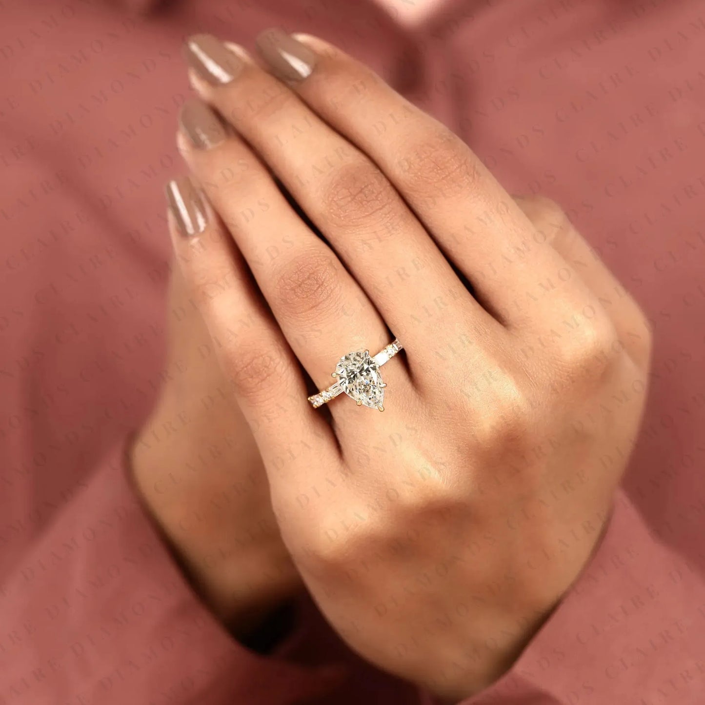 pear cut lab grown diamond engagement ring baguette & round accent diamond band bridal ring  elegant wedding ring