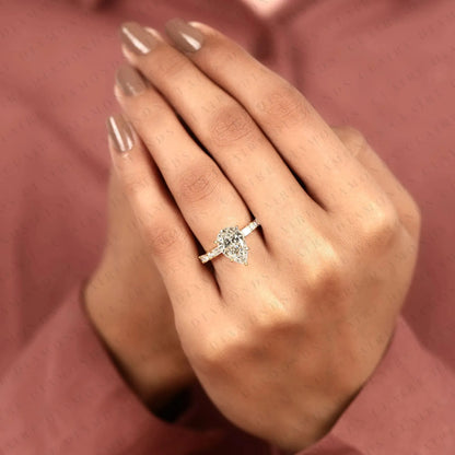 Pear Cut Lab Grown Diamond Engagement Ring Baguette & Round Accent Diamond Band Bridal Ring  Elegant Wedding Ring