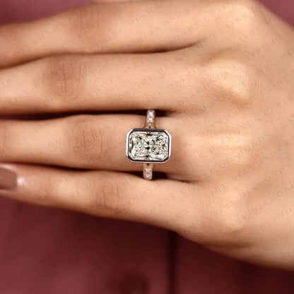 Radiant Cut Moissanite Diamond Bezel Set Engagement Ring with Baguette Pave Set White Gold Modern Luxury Bridal Jewelry