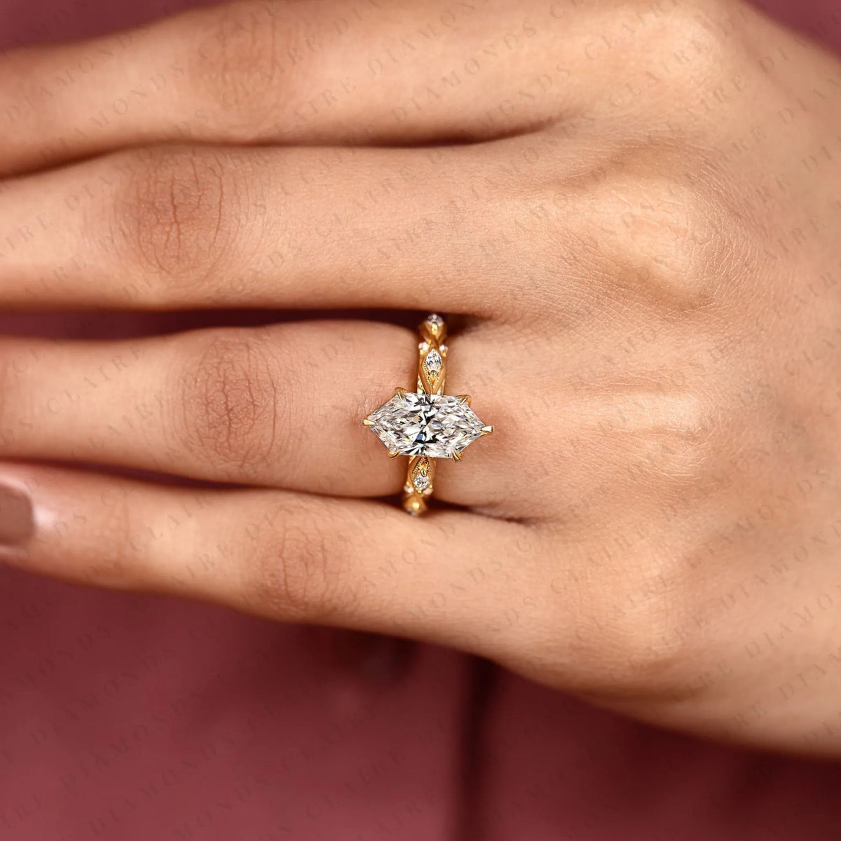 dutch marquise cut lab grown diamond engagement ring leaf vine band nature inspired unique bridal ring luxury wedding jewelry