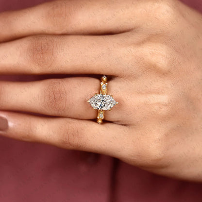 Dutch Marquise Cut Lab Grown Diamond Engagement Ring Leaf Vine Band Nature Inspired Unique Bridal Ring Luxury Wedding Jewelry