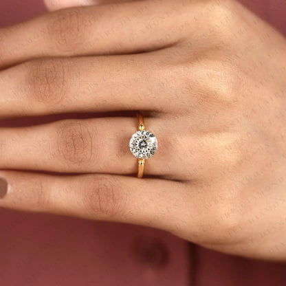 Portuguese Round Cut Lab Grown Diamond Engagement Ring, Solitaire Gold Ring, Unique Bridal Wedding Ring for Women