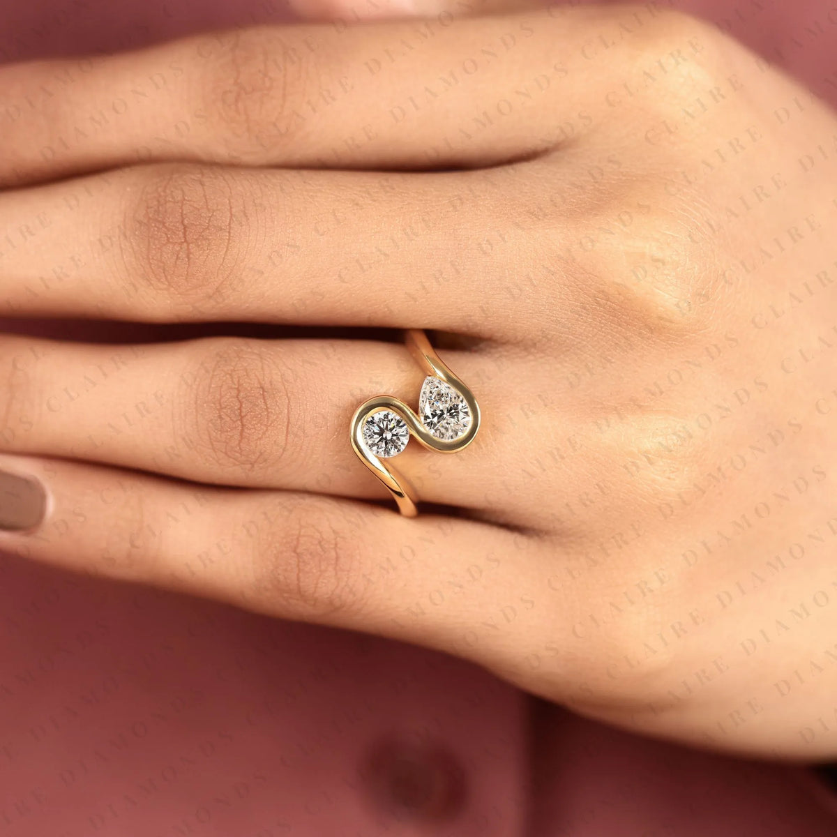 1.10 tcw round and pear lab grown diamond toi et moi ring unique double stone engagement ring elegant statement jewelry