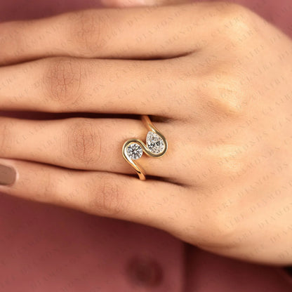 1.10 TCW Round And Pear Lab Grown Diamond Toi et Moi Ring Unique Double Stone Engagement Ring Elegant Statement Jewelry