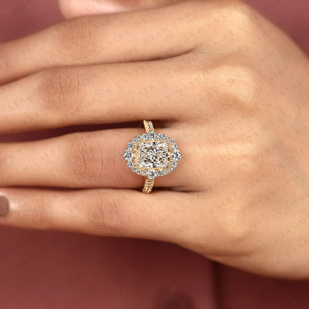 radiant cut lab grown diamond halo engagement ring vintage inspired bridal ring  elegant wedding jewelry