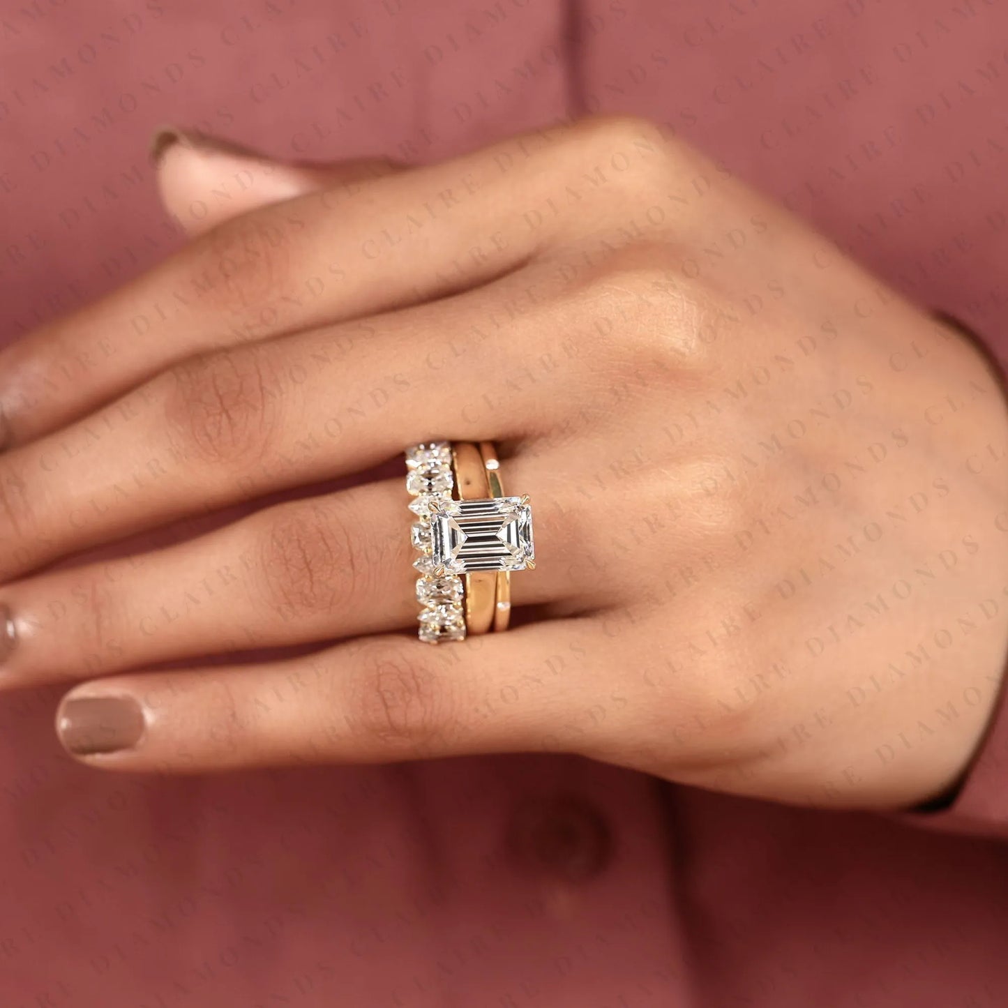 emerald cut lab grown diamond engagement ring set double band bridal set three row diamond ring luxury gold jewelry