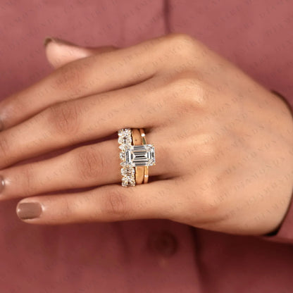 Emerald Cut Lab Grown Diamond Engagement Ring Set Double Band Bridal Set Three Row Diamond Ring Luxury Gold Jewelry