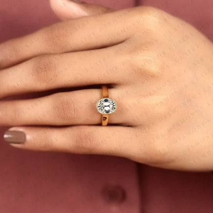 Old Mine Elongated Cushion Cut Lab Grown Diamond Engagement Ring Milgrain Bezel Setting Vintage Inspired Solitaire Bridal Ring