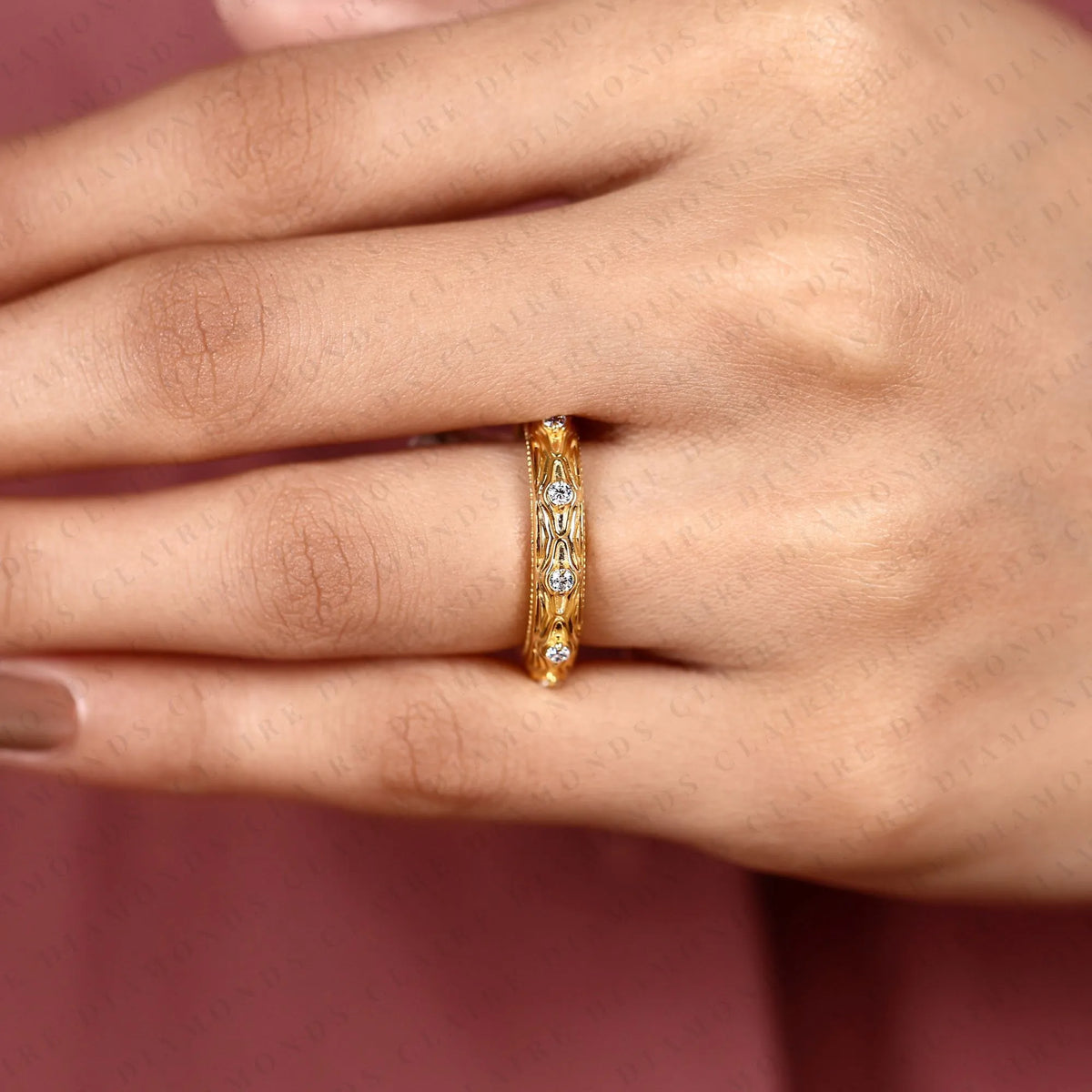 0.42 TCW Round Cut Moissanite Diamond Band Vintage Engraved Gold Wedding Elegant Diamond Anniversary Band for Women