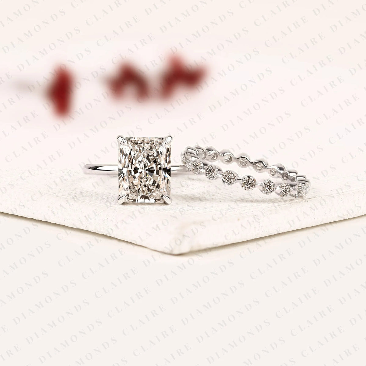 radiant cut lab grown diamond engagement ring with white gold pavé band | elongated radiant center stone modern classic bridal ring set