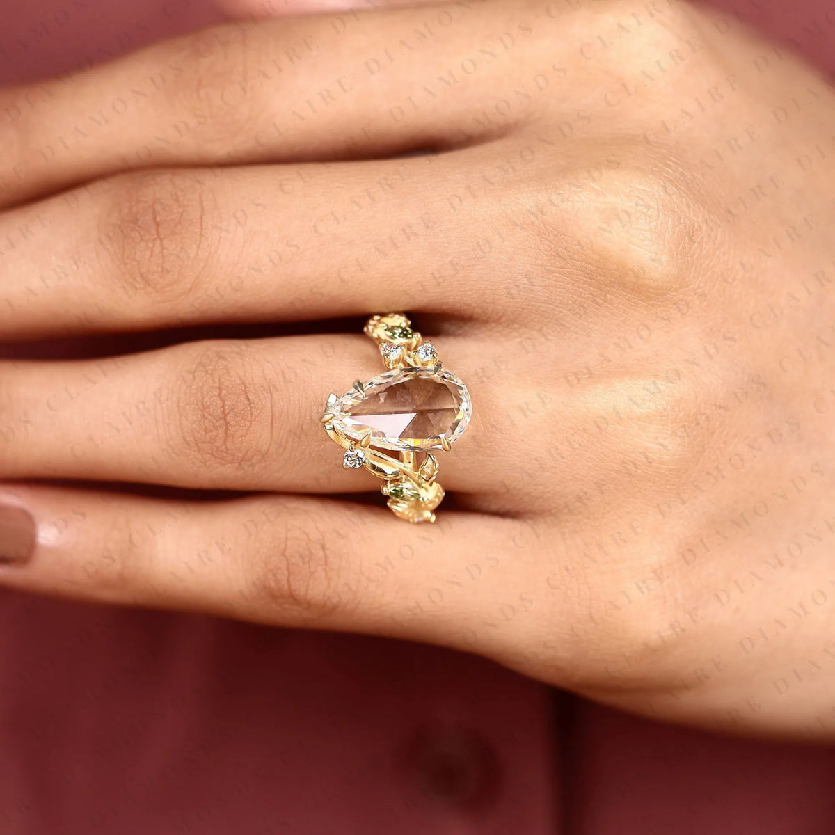 Pear Rose Cut Lab Grown Diamond Engagement Ring Green Marquise Side Stones Botanical Leaf Vine Gold Vintage Wedding Ring
