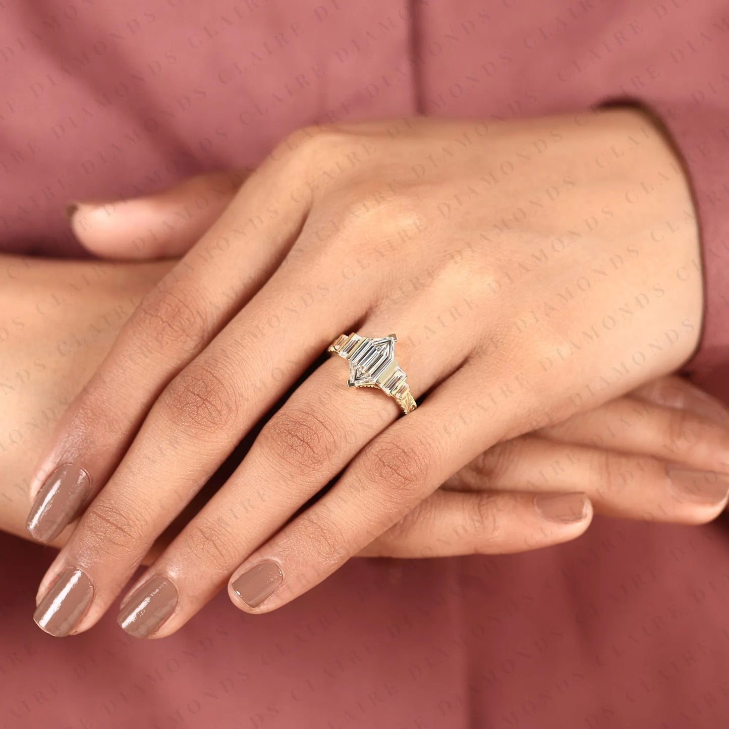 hexagon cut moissanite diamond engagement ring art deco step cut ring vintage engraved gold ring baguette side stone bridal ring.