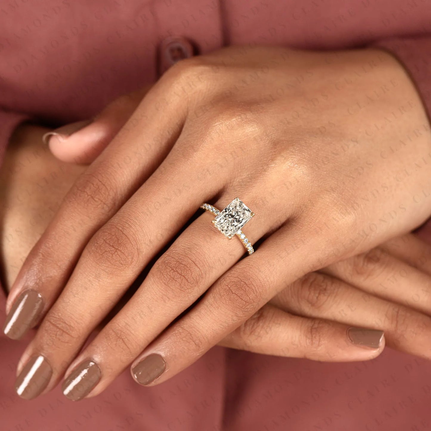 radiant cut moissanite diamond engagement ring with pave band in gold hidden halo ring