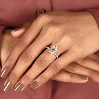 Radiant Cut Moissanite Diamond Engagement Ring with Pave Band in Gold Hidden Halo Ring