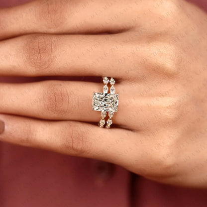 Radiant Cut Lab Grown Diamond Engagement Ring Set Yellow Gold Double Band with Pavé Side Stones Unique Luxury Bridal Ring Set