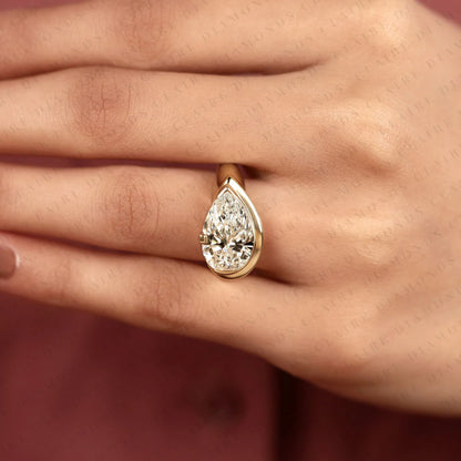 East West Pear Cut Moissanite Diamond Engagement Ring Bezel Set Gold Solitaire Wedding Ring Unique Anniversary Jewelry